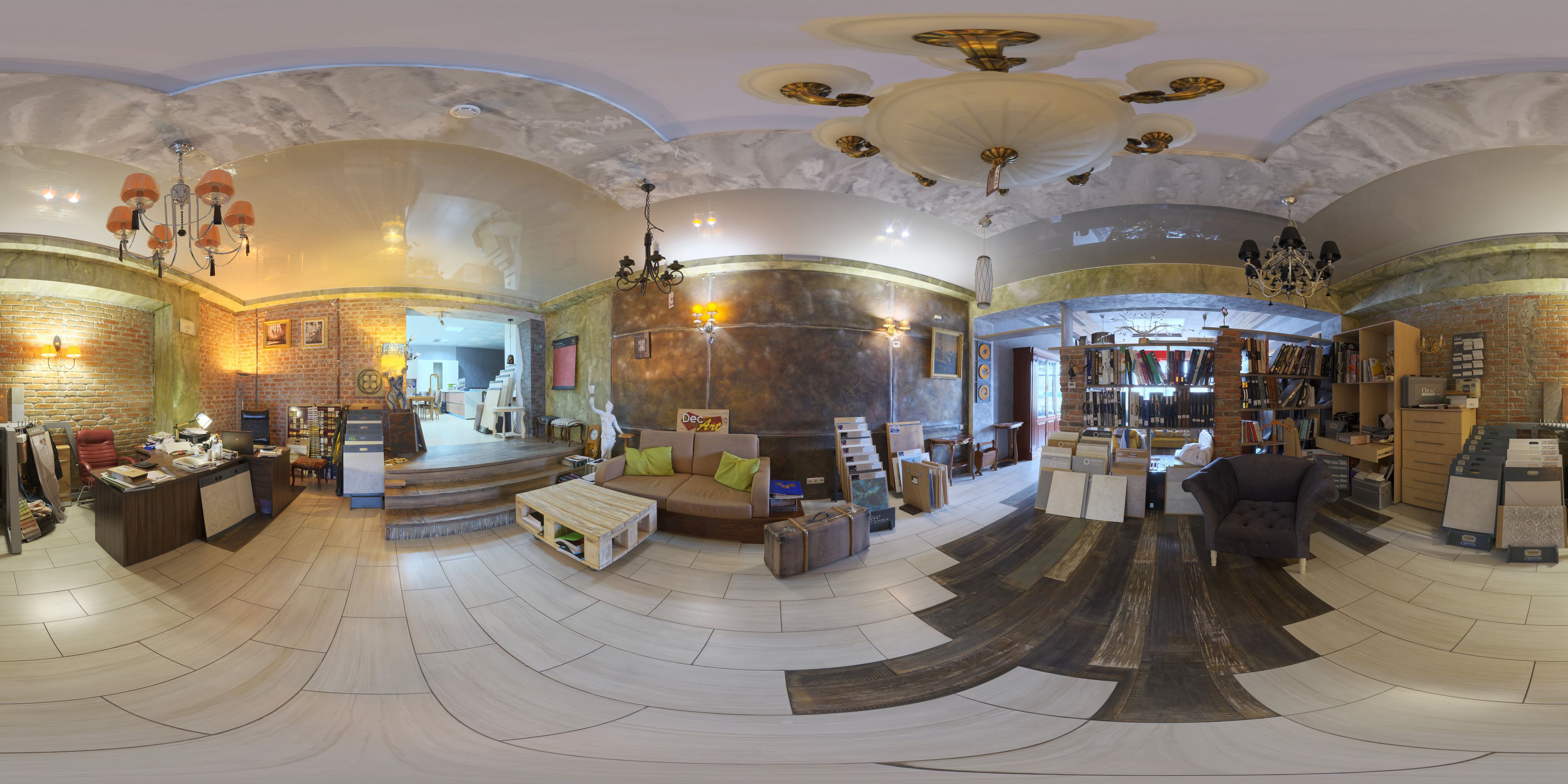 Panorama 360° d'une boutique de décoration, vue à plat